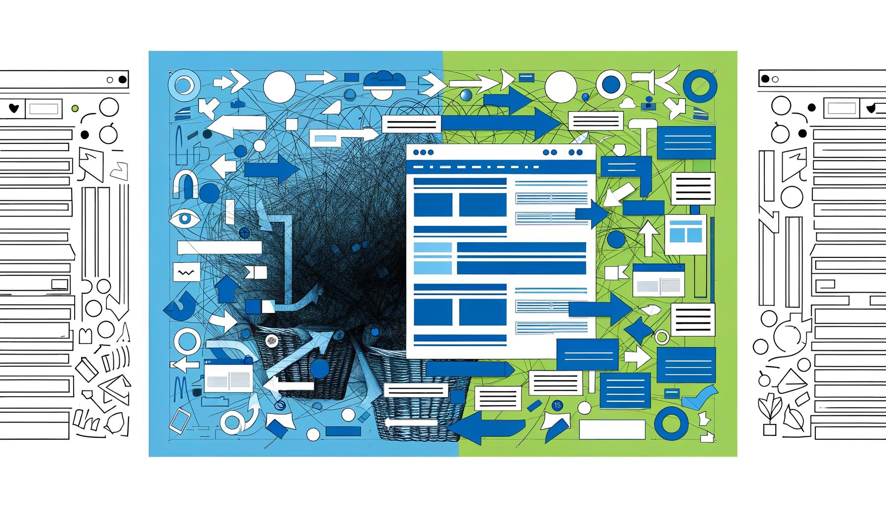 Illustration einer chaotischen Ansammlung von Webseiten links und einer geordneten Sitemap rechts mit Icons für Suche, SEO und Analysen.