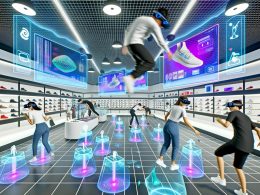 Personen tragen moderne VR-Headsets und bewegen sich durch ein helles, futuristisches virtuelles Einkaufszentrum mit schwebenden Produkten und holografischen Interfaces.