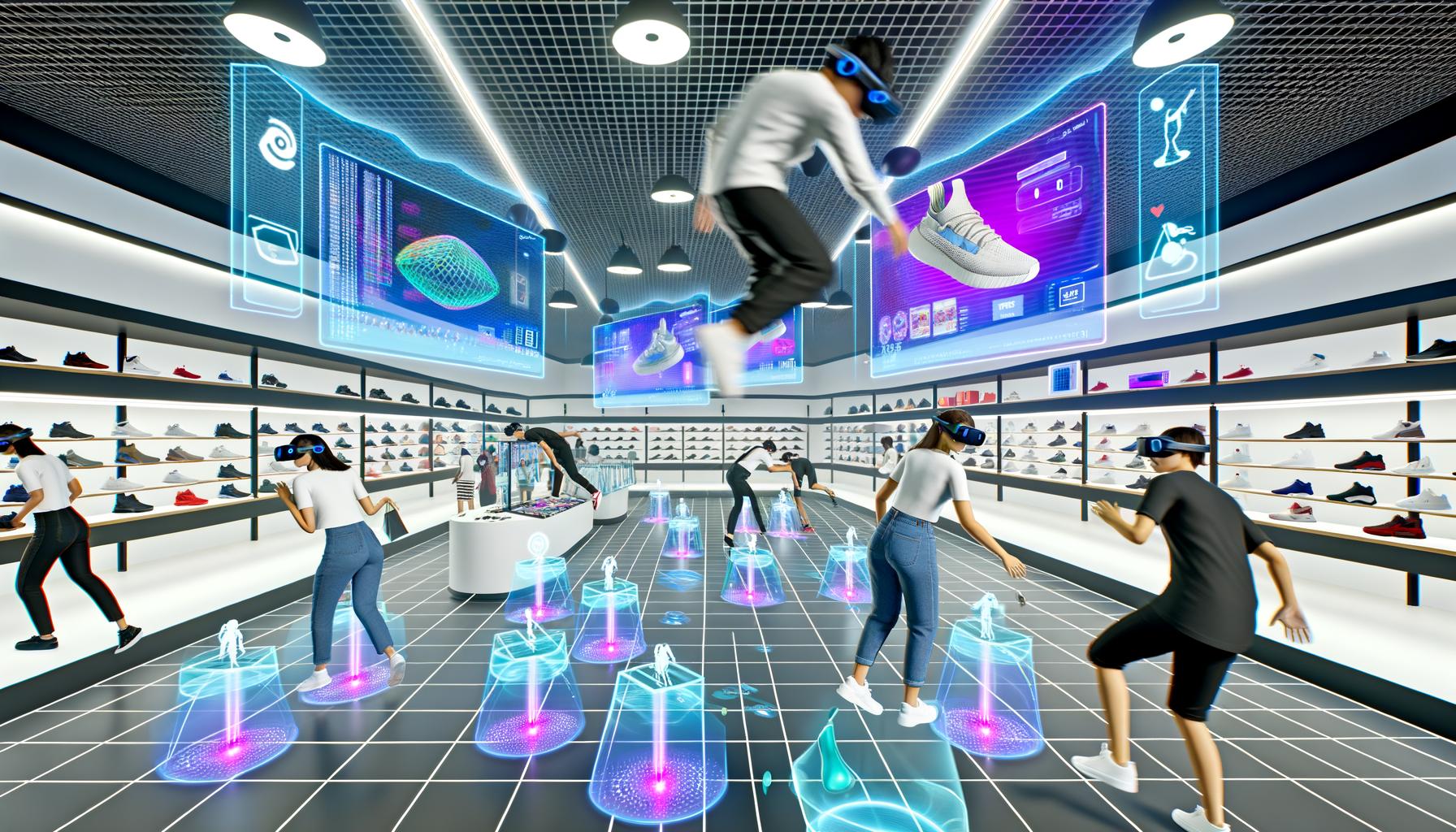 Personen tragen moderne VR-Headsets und bewegen sich durch ein helles, futuristisches virtuelles Einkaufszentrum mit schwebenden Produkten und holografischen Interfaces.