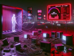 Verlassene Computertechnik auf einer digitalen Landschaft mit Neon-Marketing, einem leuchtenden Serverrack mit Warnungen und einem einsamen Maskottchen mit einem 404-Schild im Cyberpunk-Stil.