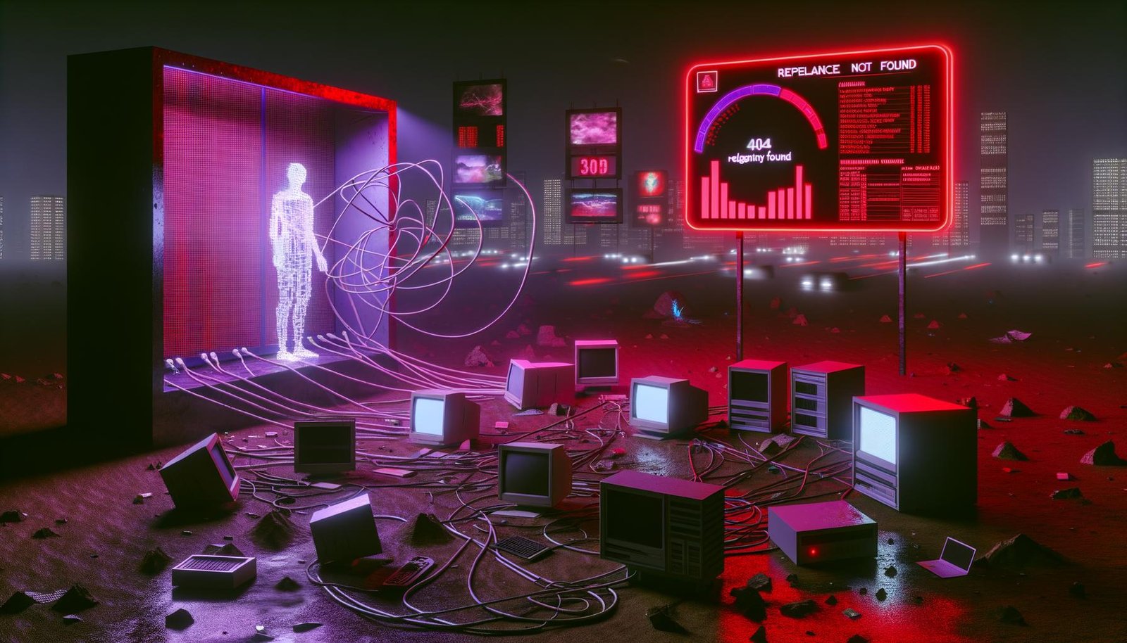 Verlassene Computertechnik auf einer digitalen Landschaft mit Neon-Marketing, einem leuchtenden Serverrack mit Warnungen und einem einsamen Maskottchen mit einem 404-Schild im Cyberpunk-Stil.