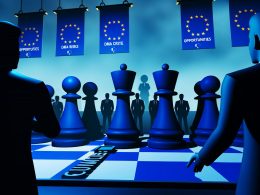 Dramatische Illustration von Tech-Konzernen als Schachfiguren auf einem EU-Schachbrett mit ernsten EU-Kommissaren im Hintergrund und Bannern zu Chancen, Risiken und DMA-Kritik.