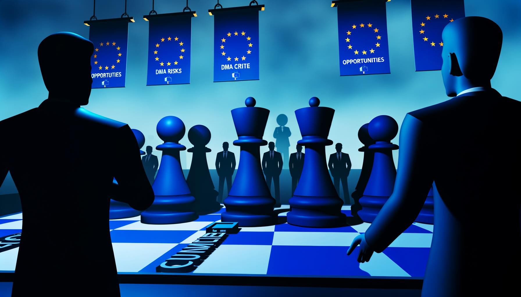 Dramatische Illustration von Tech-Konzernen als Schachfiguren auf einem EU-Schachbrett mit ernsten EU-Kommissaren im Hintergrund und Bannern zu Chancen, Risiken und DMA-Kritik.