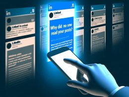 Illustration eines LinkedIn-Feeds mit einem auffälligen Post im Scheinwerferlicht und neugierigem Nutzer am Smartphone, umgeben von ausgegrauten, verblassenden Beiträgen.