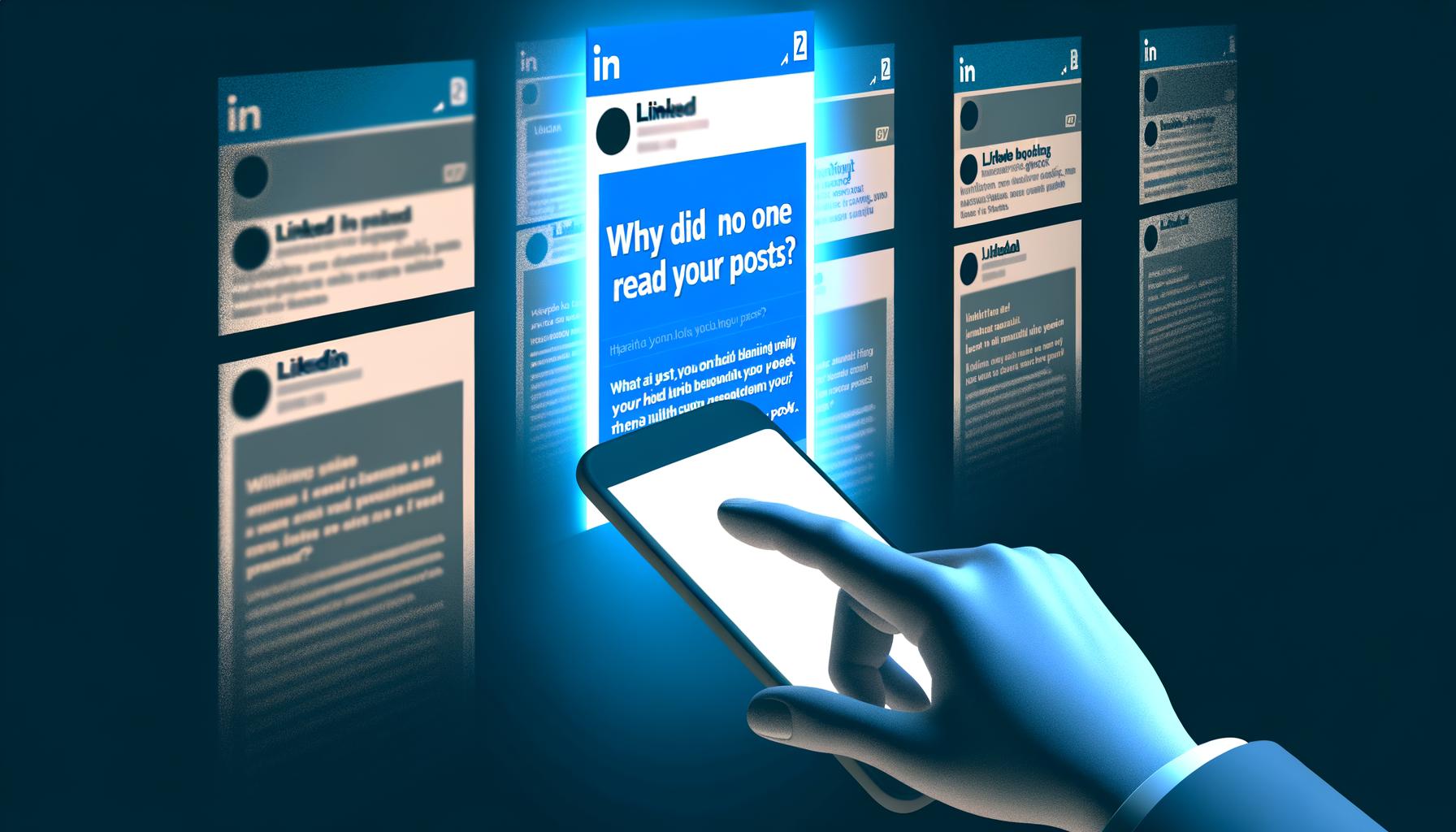 Illustration eines LinkedIn-Feeds mit einem auffälligen Post im Scheinwerferlicht und neugierigem Nutzer am Smartphone, umgeben von ausgegrauten, verblassenden Beiträgen.
