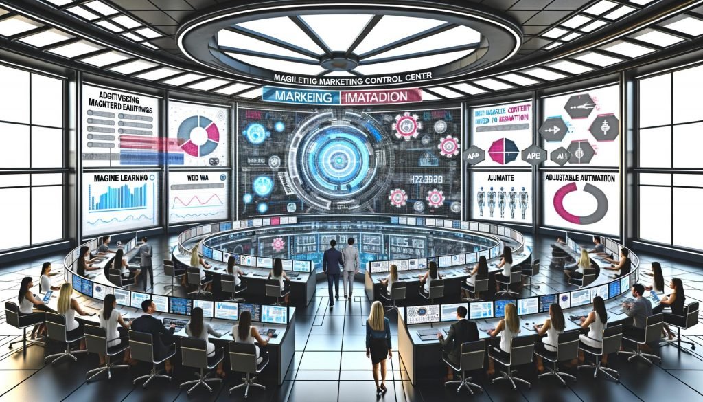 Marketing-Team in einem futuristischen Kontrollzentrum mit digitalen Dashboards, holografischen Interfaces und Live-Daten-Visualisierung.