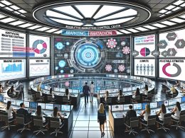 Marketing-Team in einem futuristischen Kontrollzentrum mit digitalen Dashboards, holografischen Interfaces und Live-Daten-Visualisierung.