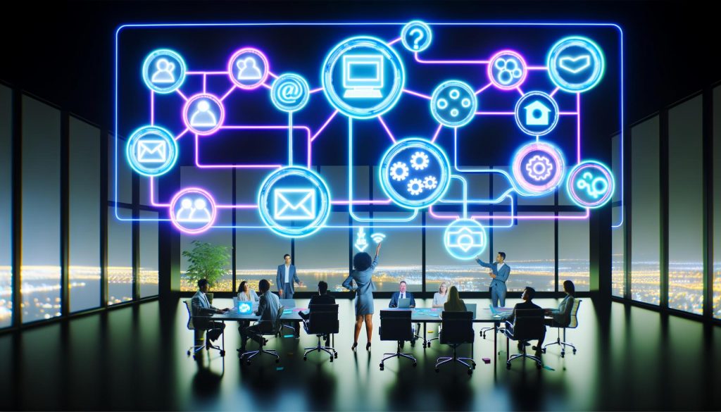 Futuristische Büroumgebung mit schwebenden Symbolen für Marketing-Tools über einem modernen Arbeitsplatz, sichtbar sind API-Verbindungen und diverse Menschen bei der Zusammenarbeit.