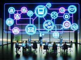 Futuristische Büroumgebung mit schwebenden Symbolen für Marketing-Tools über einem modernen Arbeitsplatz, sichtbar sind API-Verbindungen und diverse Menschen bei der Zusammenarbeit.