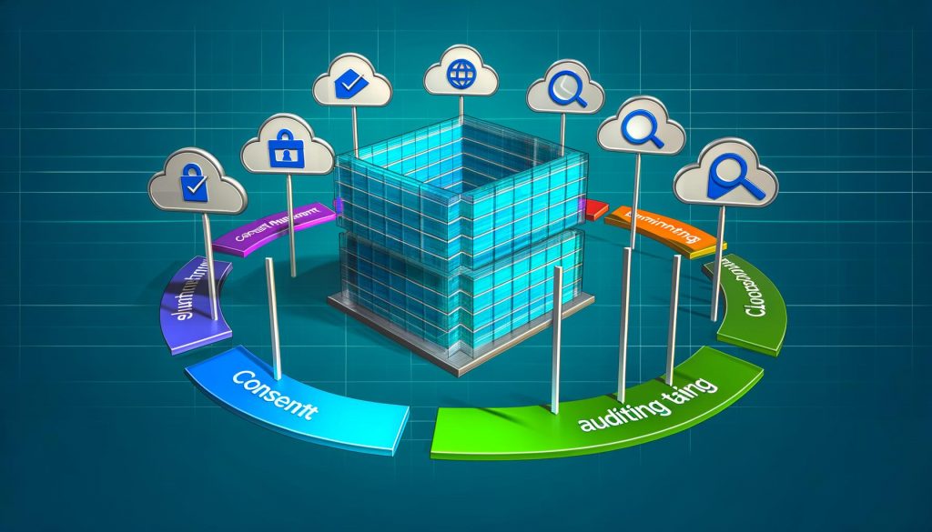Minimalistische Illustration: Digitales Gebäude aus Datenschichten und API-Symbolen, umgeben von geometrischen Elementen für Datenschutz und Datenkontrolle, mit abgedunkelten Third-Party-Cookie-Symbolen im Hintergrund und Privacy First Banner.