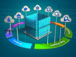 Minimalistische Illustration: Digitales Gebäude aus Datenschichten und API-Symbolen, umgeben von geometrischen Elementen für Datenschutz und Datenkontrolle, mit abgedunkelten Third-Party-Cookie-Symbolen im Hintergrund und Privacy First Banner.