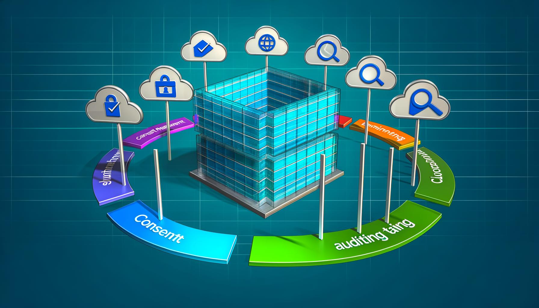 Minimalistische Illustration: Digitales Gebäude aus Datenschichten und API-Symbolen, umgeben von geometrischen Elementen für Datenschutz und Datenkontrolle, mit abgedunkelten Third-Party-Cookie-Symbolen im Hintergrund und Privacy First Banner.