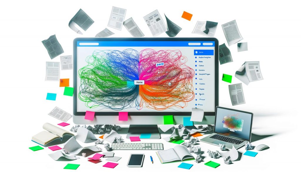 Digitaler Arbeitsplatz mit bunter Mindmap auf Monitor, geordneten Notizen, Laptop und Smartphone, im Kontrast zu chaotischen Website-Elementen im Hintergrund.