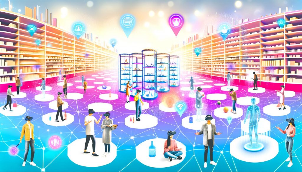 Virtueller Zukunftsshop mit VR-Nutzern, schwebenden Regalen und Hologrammen in farbenfroher, futuristischer Umgebung