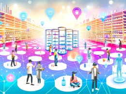 Virtueller Zukunftsshop mit VR-Nutzern, schwebenden Regalen und Hologrammen in farbenfroher, futuristischer Umgebung