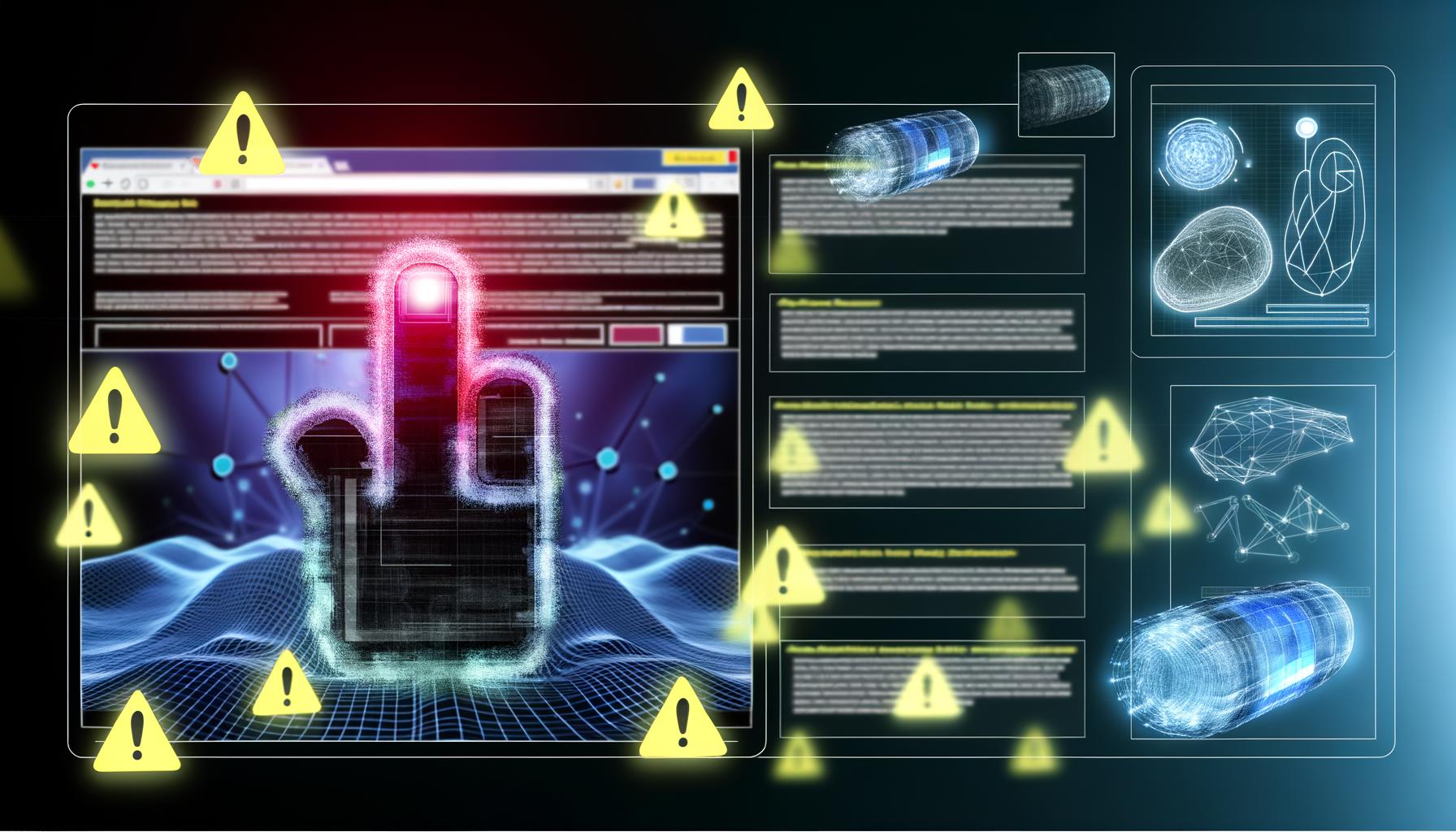 Futuristisches, dunkles Web-Interface mit digitalem Finger und leuchtenden Warnsignalen für Scroll Fatigue, im Hintergrund AI-Diagramme und Heatmaps der Nutzeraktivität
