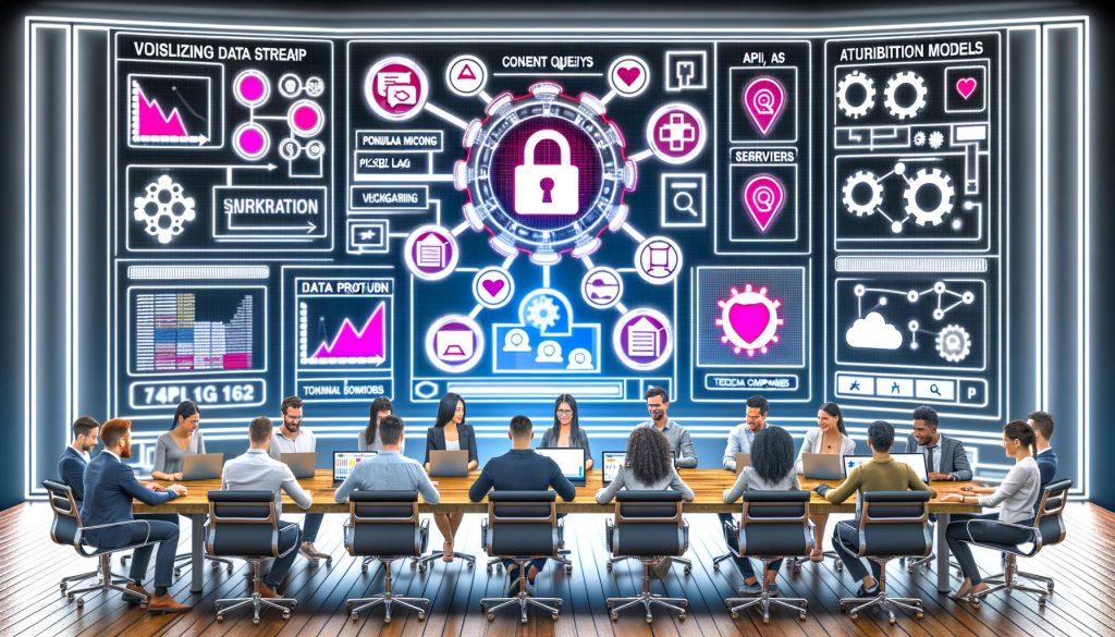 Moderne, dynamische Illustration eines zentralen Dashboards mit Datenströmen, API-Icons, Consent-Abfragen und einem diversen Team von Marketing- und IT-Profis vor Hightech-Hintergrund und Datenschutzsymbolen.
