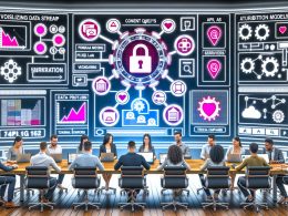 Moderne, dynamische Illustration eines zentralen Dashboards mit Datenströmen, API-Icons, Consent-Abfragen und einem diversen Team von Marketing- und IT-Profis vor Hightech-Hintergrund und Datenschutzsymbolen.