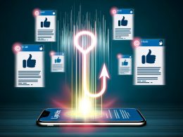 Moderne Illustration eines LinkedIn-Feeds auf einem Smartphone mit auffälligem, viralem Post, leuchtender Headline, deutlich sichtbaren Engagement-Symbolen und abstraktem Algorithmus-Graph darüber.