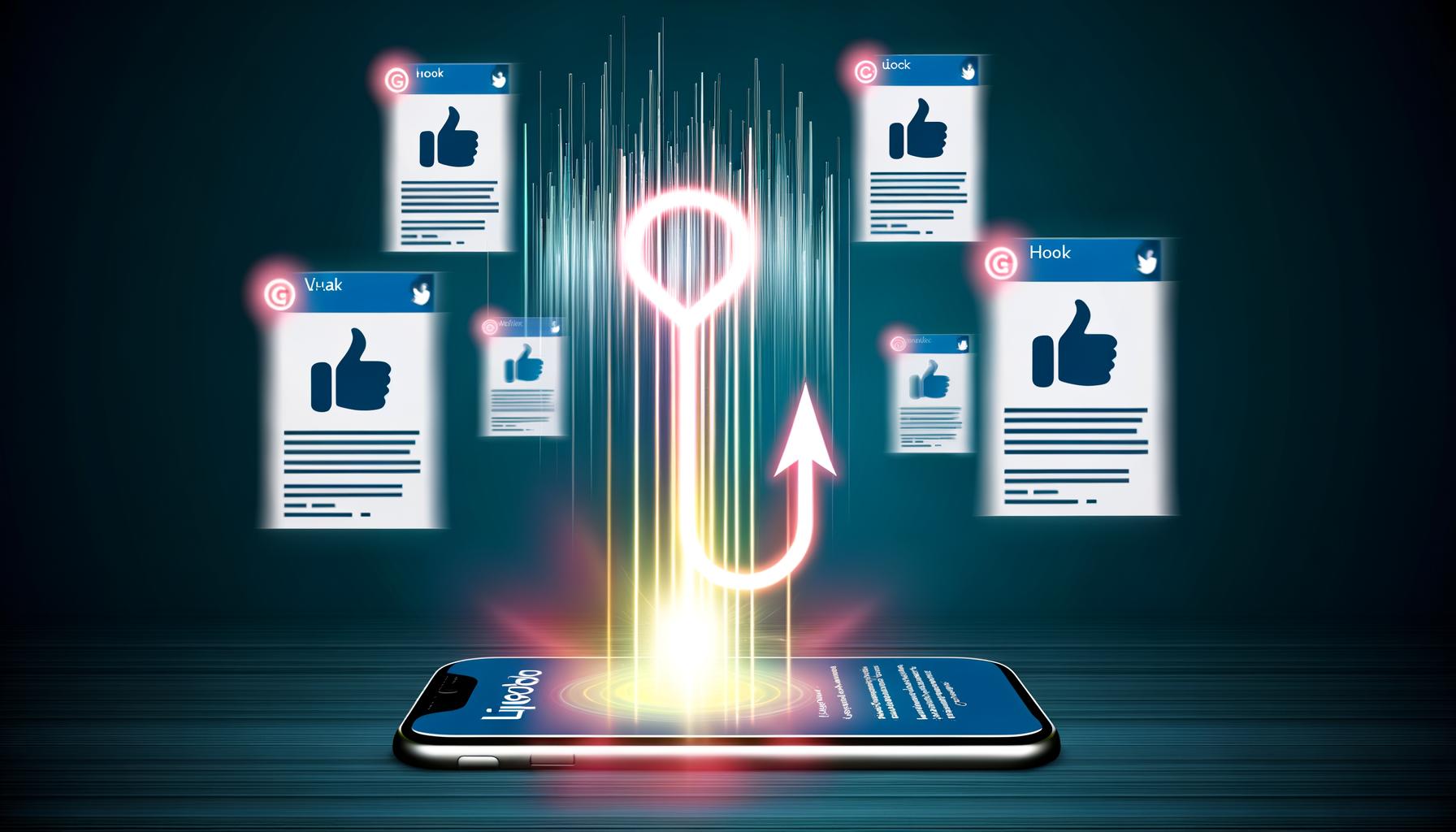 Moderne Illustration eines LinkedIn-Feeds auf einem Smartphone mit auffälligem, viralem Post, leuchtender Headline, deutlich sichtbaren Engagement-Symbolen und abstraktem Algorithmus-Graph darüber.