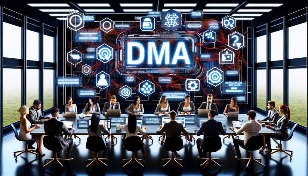 Futuristisches Büro mit diversen Online-Marketing-Spezialisten, die vor Bildschirmen mit komplizierten Datenflüssen, Regulierungszeichen und Warnsymbolen sitzen. Auf dem Hauptbildschirm stehen die Buchstaben DMA mit rotem Band und fragmentierten Datenströmen.