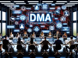 Futuristisches Büro mit diversen Online-Marketing-Spezialisten, die vor Bildschirmen mit komplizierten Datenflüssen, Regulierungszeichen und Warnsymbolen sitzen. Auf dem Hauptbildschirm stehen die Buchstaben DMA mit rotem Band und fragmentierten Datenströmen.