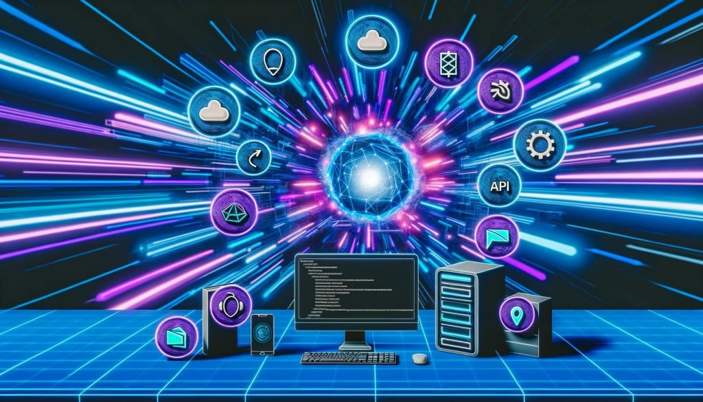 Futuristisches Digital Control Center mit mehreren Bildschirmen, die verschiedene Endgeräte und Kanäle darstellen, verbunden durch leuchtende Linien und API-Icons vor abstraktem Hintergrund.