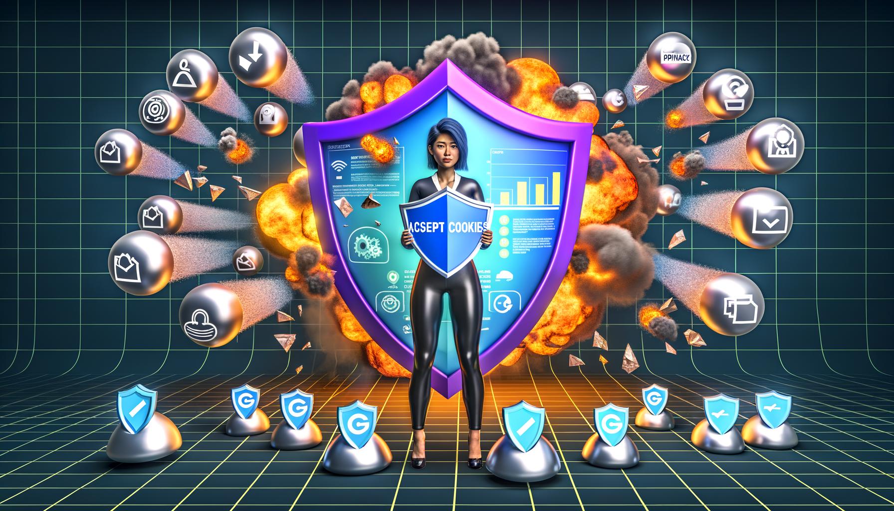 Moderne Illustration eines Marketers auf einem digitalen Schlachtfeld, der mit einem 'Privacy First'-Schild Datenangriffe abwehrt, während First-Party-Daten und Nutzer:innen sicher geschützt sind.