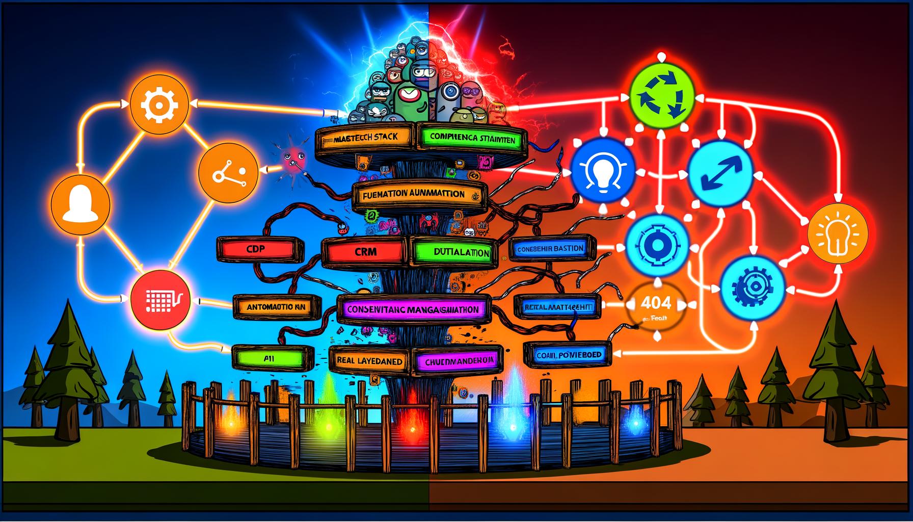 Collage aus satirischen und sachlichen Grafiken: ein instabiler Frankenstein-Stack aus bunten Software-Logos, klare Martech Stack Architektur mit Datenebenen und verbundenen Modulen, der Vergleich von Kernkomponenten im futuristischen Battle-Ring, der Kontrast von Chaos und Integration, Roadmap zur Tool-Auswahl, Trends wie KI, First-Party-Daten und No-Code, Worst Case mit überfordertem Manager und abschließender Gewinnszene mit starkem Team.