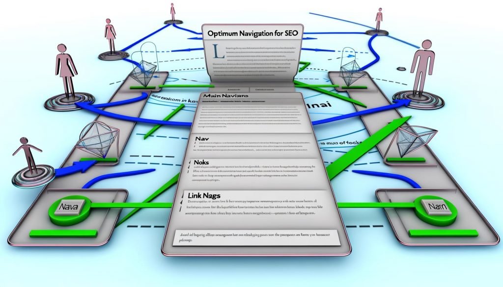Stilisierte Darstellung einer modernen Website-Navigation mit klarer Hauptmenüstruktur, schematischen Pfaden zu allen wichtigen Seiten, Visualisierung von Linkjuice und integrierten Barrierefreiheits-Symbolen.