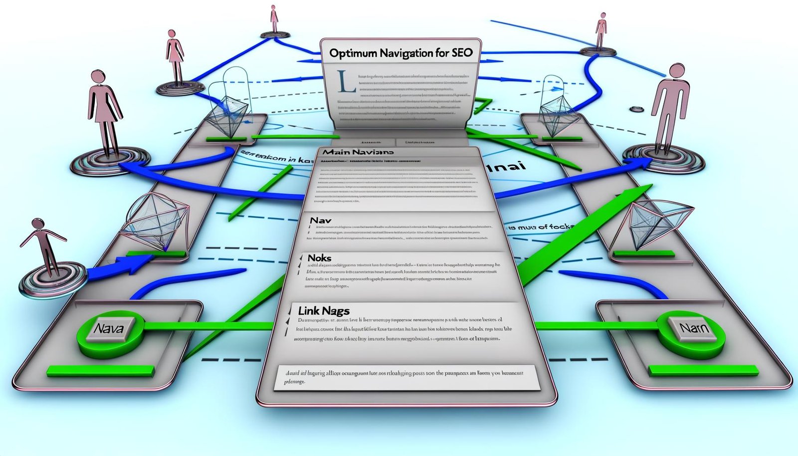 Stilisierte Darstellung einer modernen Website-Navigation mit klarer Hauptmenüstruktur, schematischen Pfaden zu allen wichtigen Seiten, Visualisierung von Linkjuice und integrierten Barrierefreiheits-Symbolen.
