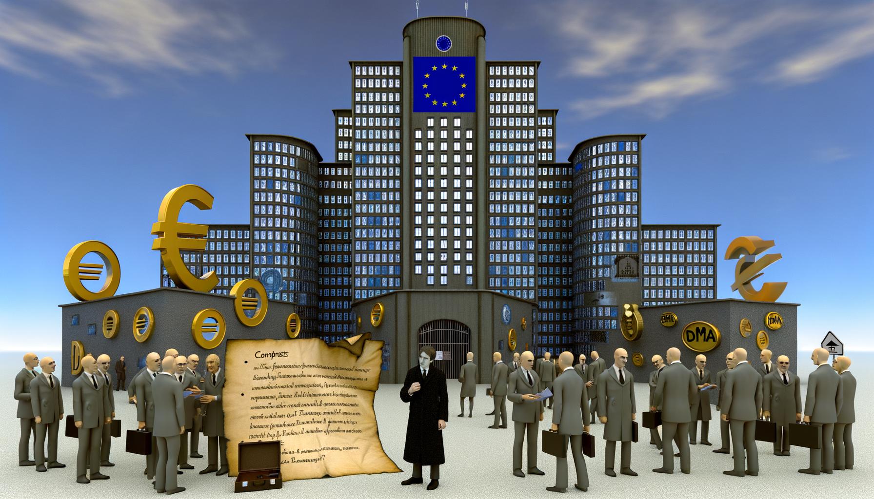 Cover-Motiv mit riesigem EU-Gebäude, in dessen Fenstern Big-Tech-Logos reflektieren. Vor dem Gebäude bauen Menschen mit Aktenkoffern und Protestschildern einen Zaun aus Euro-Münzen und Gesetzestexten. Im Vordergrund eine skeptische Person mit DMA-Papierrolle sowie triumphierende Anwälte mit Verträgen.