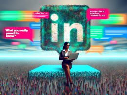 Modernes, farbenfrohes Titelbild mit einer Businessperson auf einer riesigen LinkedIn-App-Ikone, umgeben von auffälligen Sprechblasen und grauem Content-Hintergrund.
