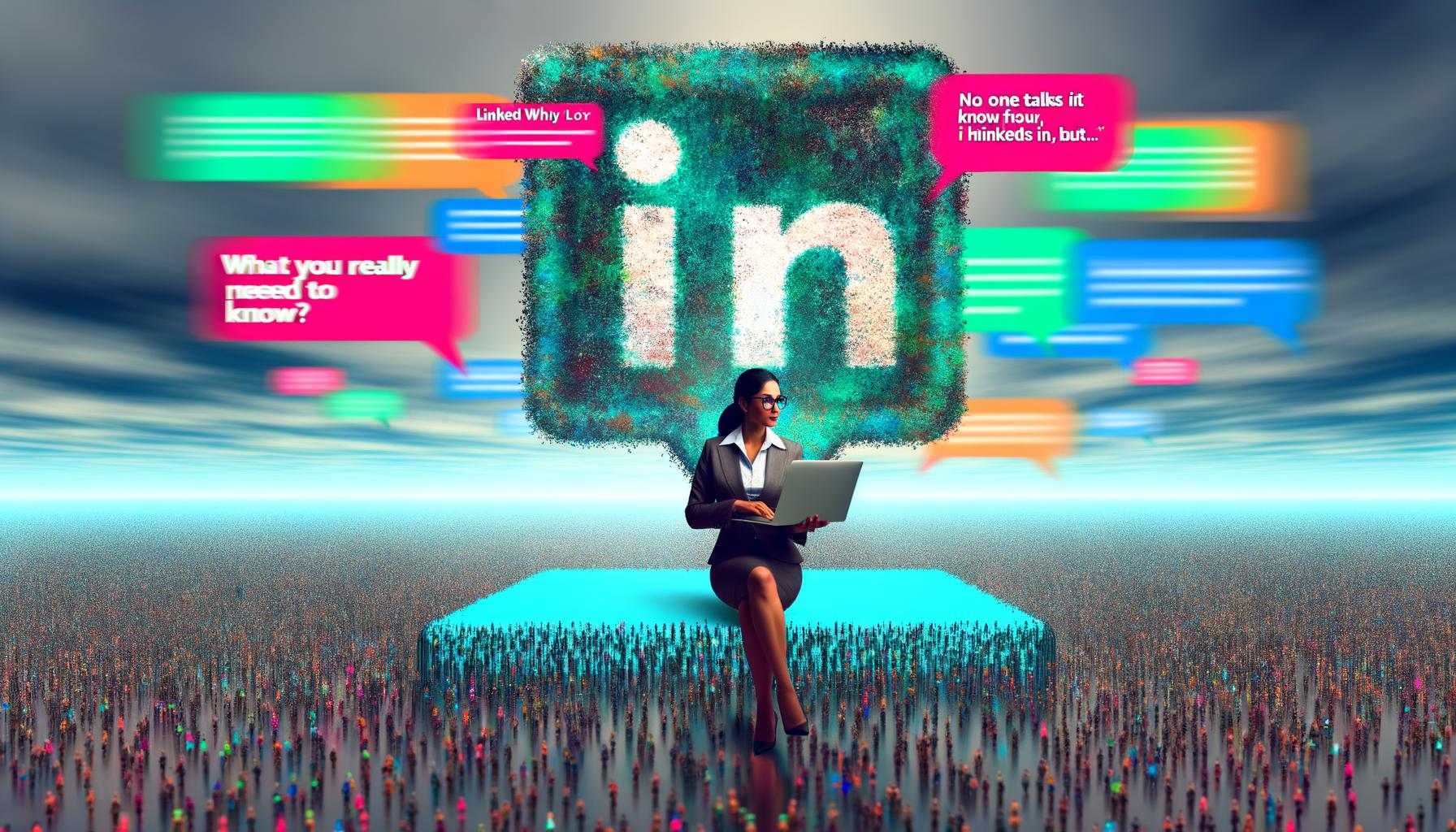 Modernes, farbenfrohes Titelbild mit einer Businessperson auf einer riesigen LinkedIn-App-Ikone, umgeben von auffälligen Sprechblasen und grauem Content-Hintergrund.
