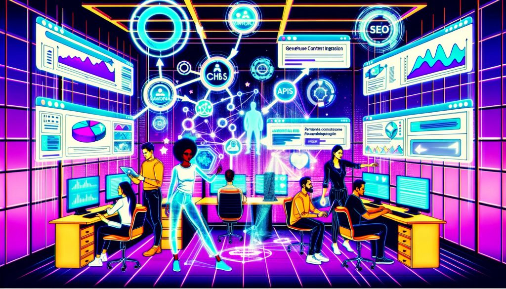 Futuristischer Workspace mit digitalen Dashboards, APIs, Datenflüssen und vielfältigem Fachpersonal bei der Arbeit an Content-Integration