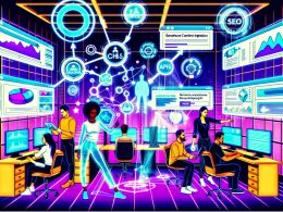 Futuristischer Workspace mit digitalen Dashboards, APIs, Datenflüssen und vielfältigem Fachpersonal bei der Arbeit an Content-Integration