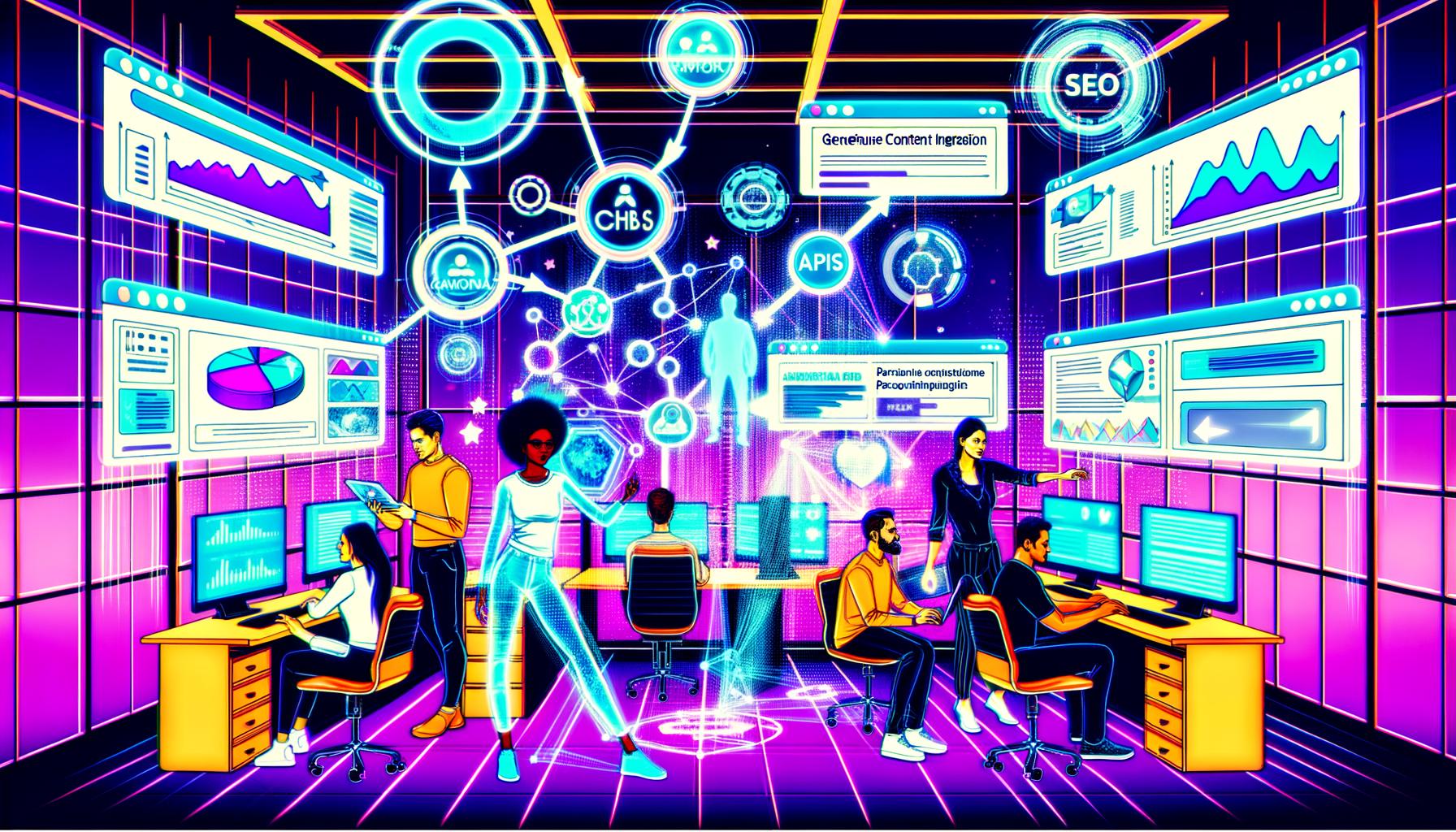 Futuristischer Workspace mit digitalen Dashboards, APIs, Datenflüssen und vielfältigem Fachpersonal bei der Arbeit an Content-Integration
