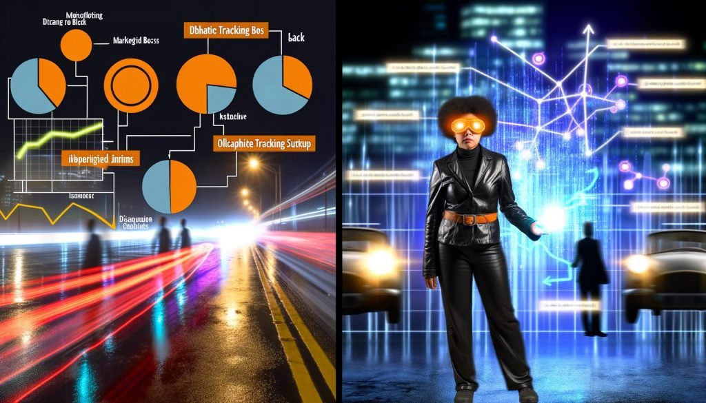Futuristischer Marketer auf Datenautobahn, stylische Infografik zu Tracking-Reporting-Setup, Gegenüberstellung fehlerhaften und sauberen Trackings, modernes Dashboard mit KPI-Widgets, Reporting-Boss und Datentourist im direkten Vergleich.