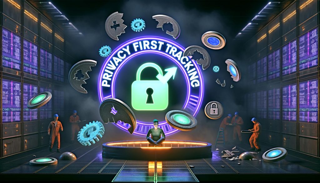 Futuristische Szene mit leuchtendem „Privacy First Tracking“-Bildschirm, zerbrochenen Cookie-Symbolen, neuen Datenschutzservern und entspanntem User in einer transparenten Privacy-Bubble.