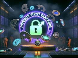 Futuristische Szene mit leuchtendem „Privacy First Tracking“-Bildschirm, zerbrochenen Cookie-Symbolen, neuen Datenschutzservern und entspanntem User in einer transparenten Privacy-Bubble.