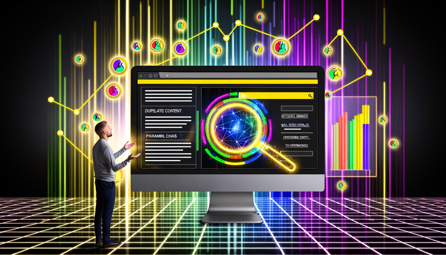 Desktop-Oberfläche mit interner Suchleiste, farbenfrohen SEO-Analysen, Rankings und Website-Besitzern, die auf SEO-Probleme und -Erfolge reagieren.