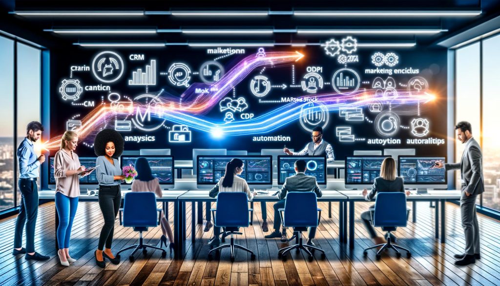 Dynamische Szene in einem modernen Büro, in dem ein Marketing-Team mit digitalen Bildschirmen, Diagrammen und vernetzten Martech-Tools am effizienten Workflow arbeitet.