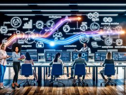 Dynamische Szene in einem modernen Büro, in dem ein Marketing-Team mit digitalen Bildschirmen, Diagrammen und vernetzten Martech-Tools am effizienten Workflow arbeitet.