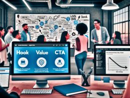 Moderner B2B-Arbeitsplatz mit drei Monitoren, großer Notiz zu HOOK, VALUE, CTA und teamorientiertem Brainstorming am Whiteboard.