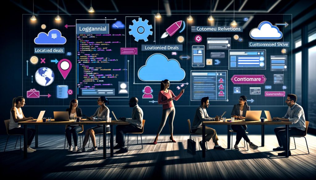 Modernes Büro mit großem digitalen Dashboard, das verschiedene personalisierte Inhalte für Nutzergruppen anzeigt, umgeben von Entwicklern und Marketern bei der Echtzeitanalyse von Nutzerdaten.