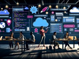 Modernes Büro mit großem digitalen Dashboard, das verschiedene personalisierte Inhalte für Nutzergruppen anzeigt, umgeben von Entwicklern und Marketern bei der Echtzeitanalyse von Nutzerdaten.