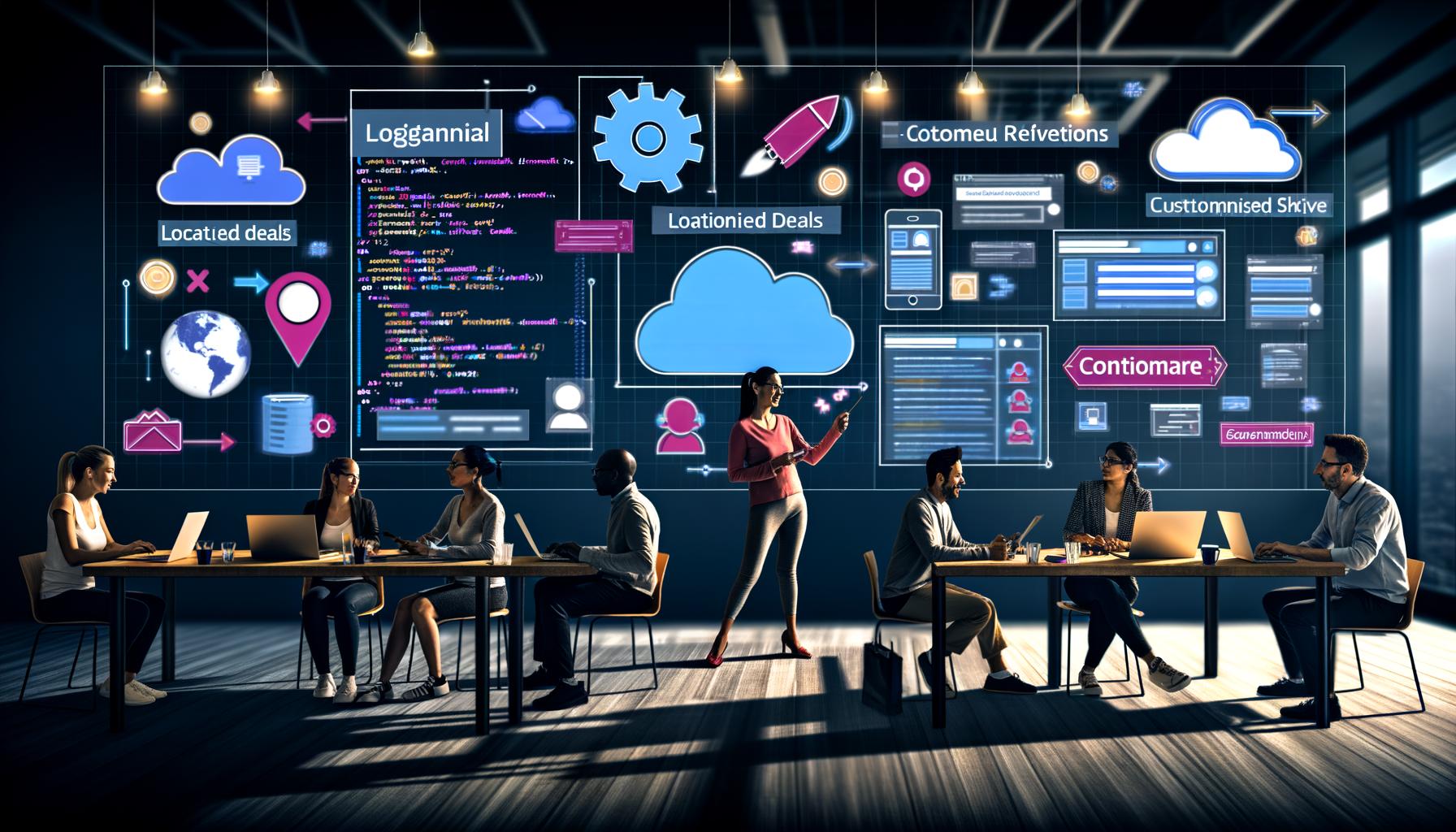 Modernes Büro mit großem digitalen Dashboard, das verschiedene personalisierte Inhalte für Nutzergruppen anzeigt, umgeben von Entwicklern und Marketern bei der Echtzeitanalyse von Nutzerdaten.