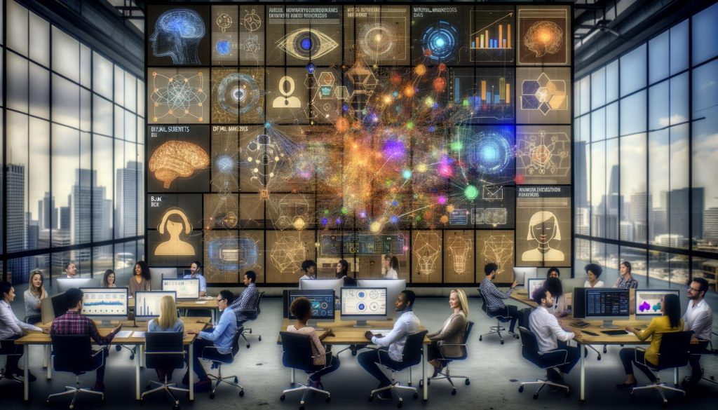 Futuristischer Arbeitsplatz mit verschiedenen Data Scientists und Digitalmarketers, die an transparenten Bildschirmen mit komplexen Netzwerkdiagrammen, KI-Visualisierungen und Datenanalyse-Tools zusammenarbeiten.