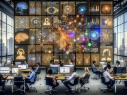 Futuristischer Arbeitsplatz mit verschiedenen Data Scientists und Digitalmarketers, die an transparenten Bildschirmen mit komplexen Netzwerkdiagrammen, KI-Visualisierungen und Datenanalyse-Tools zusammenarbeiten.