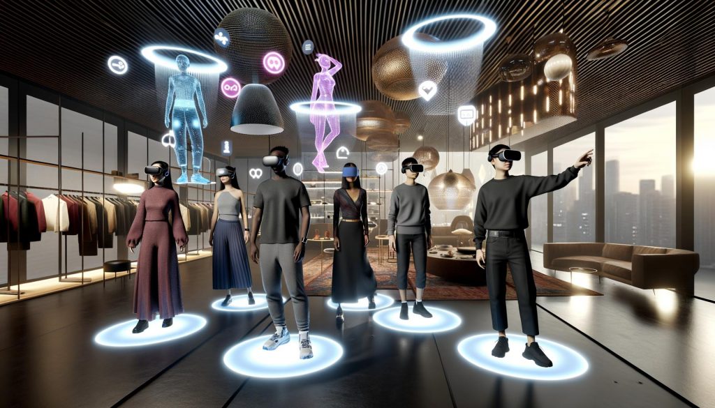 Menschen mit VR-Headsets in modernem, digitalem Showroom zwischen schwebenden Produkt-Hologrammen und interaktiven Benutzeroberflächen